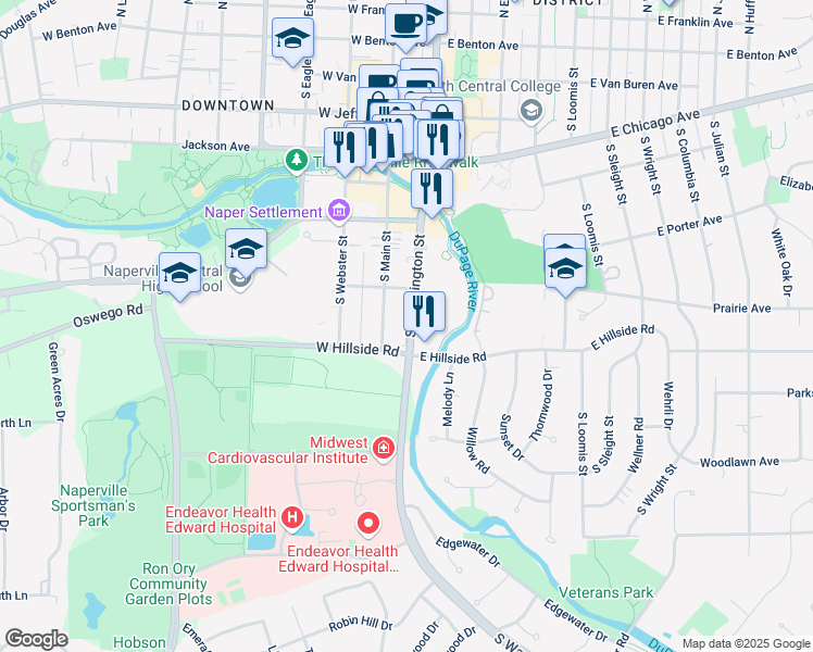 map of restaurants, bars, coffee shops, grocery stores, and more near 615 South Washington Street in Naperville