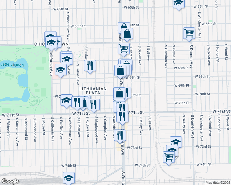 map of restaurants, bars, coffee shops, grocery stores, and more near 6929 South Artesian Avenue in Chicago