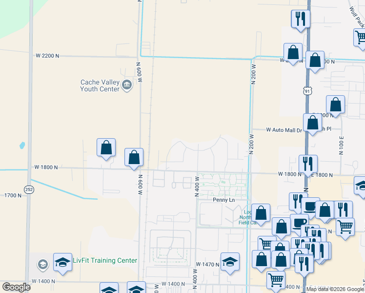 map of restaurants, bars, coffee shops, grocery stores, and more near 48 Lavender Loop in Logan