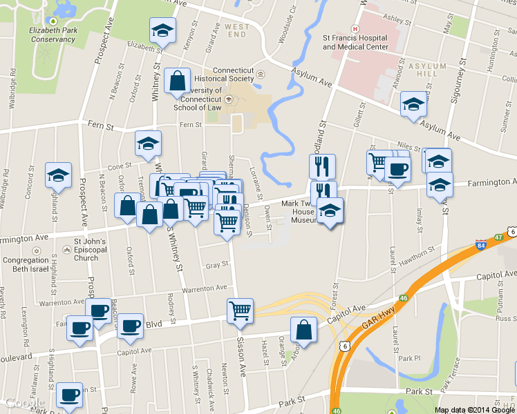 map of restaurants, bars, coffee shops, grocery stores, and more near 98 Lorraine Street in Hartford