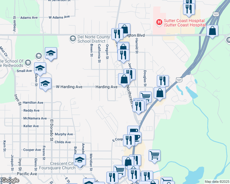 map of restaurants, bars, coffee shops, grocery stores, and more near 12 Harding Avenue in Crescent City