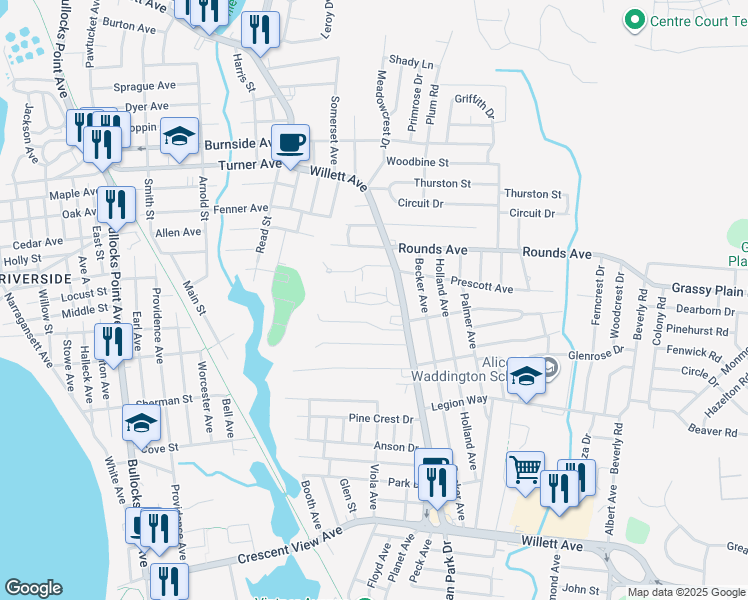 map of restaurants, bars, coffee shops, grocery stores, and more near 10 Dels Lane in East Providence