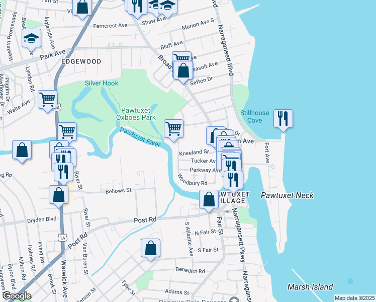 map of restaurants, bars, coffee shops, grocery stores, and more near 51 Rhodes Place in Cranston