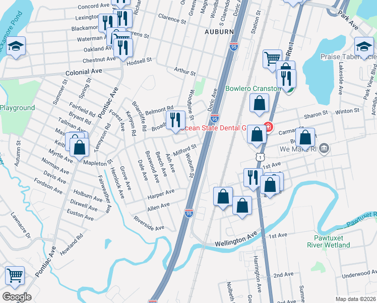 map of restaurants, bars, coffee shops, grocery stores, and more near 45 Bedford Road in Cranston
