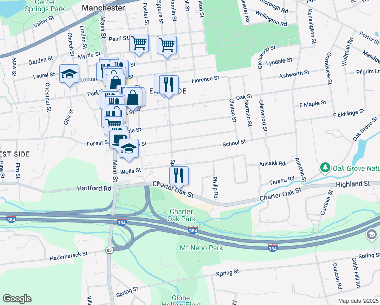 map of restaurants, bars, coffee shops, grocery stores, and more near 126 Eldridge Street in Manchester