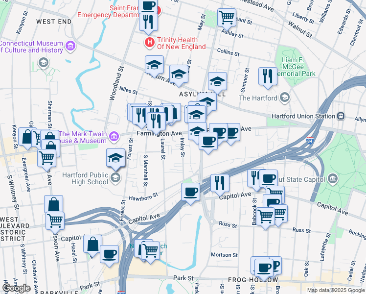 map of restaurants, bars, coffee shops, grocery stores, and more near 235 Farmington Avenue in Hartford