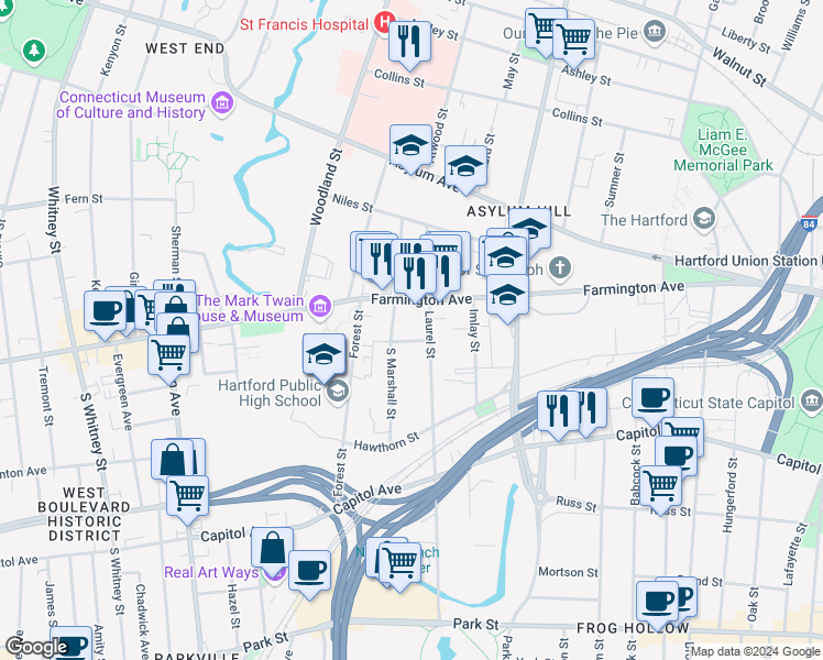 map of restaurants, bars, coffee shops, grocery stores, and more near 267 Farmington Avenue in Hartford