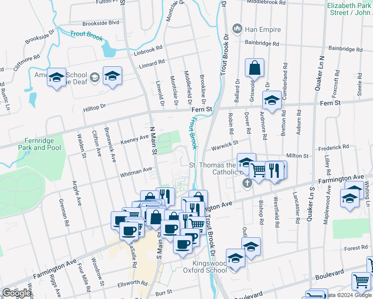 map of restaurants, bars, coffee shops, grocery stores, and more near 130 Loomis Drive in West Hartford