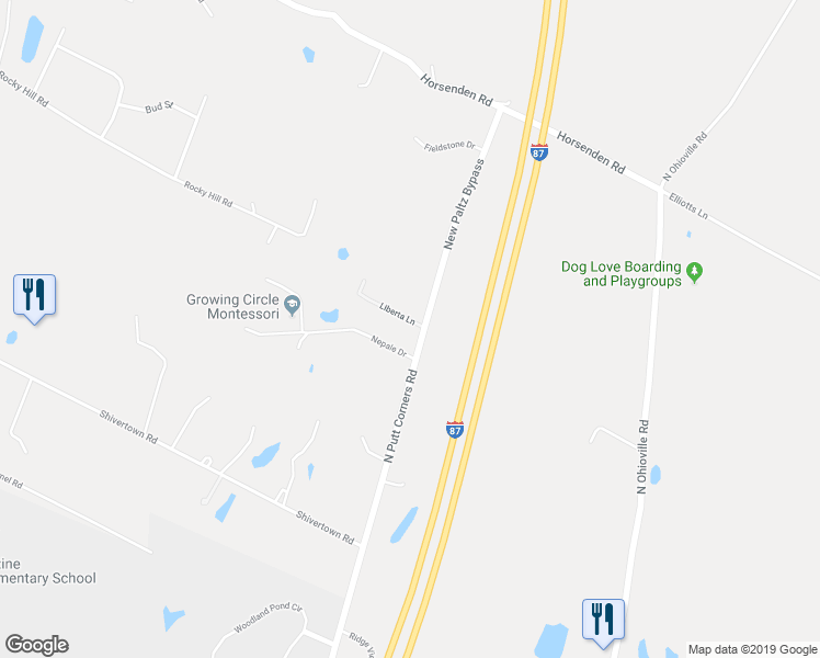 map of restaurants, bars, coffee shops, grocery stores, and more near 190 North Putt Corners Road in New Paltz
