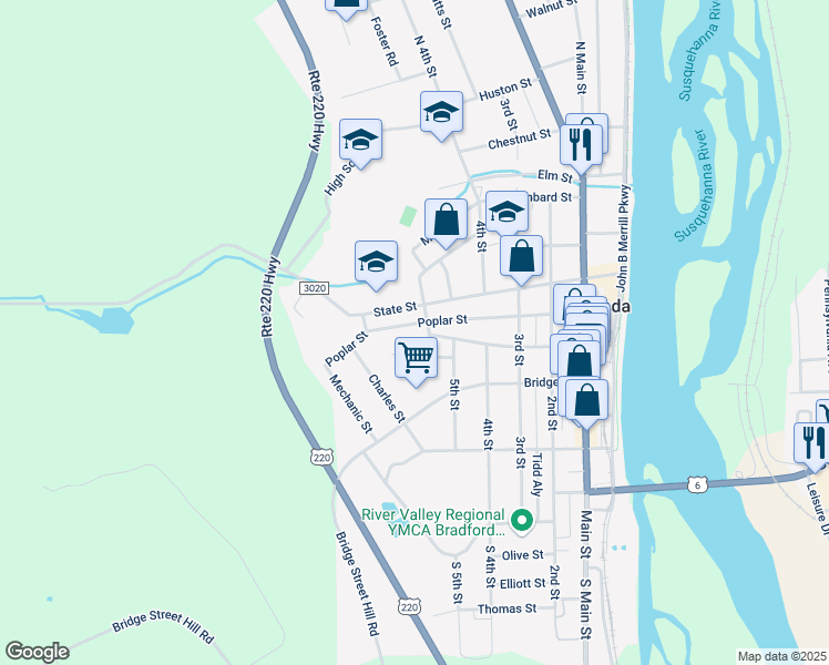 map of restaurants, bars, coffee shops, grocery stores, and more near 329-399 State Street in Towanda