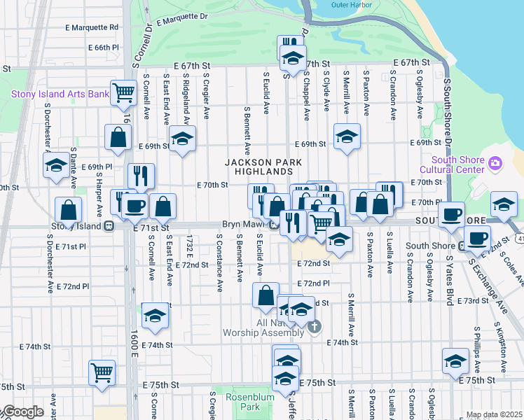 map of restaurants, bars, coffee shops, grocery stores, and more near 7011 South Euclid Avenue in Chicago