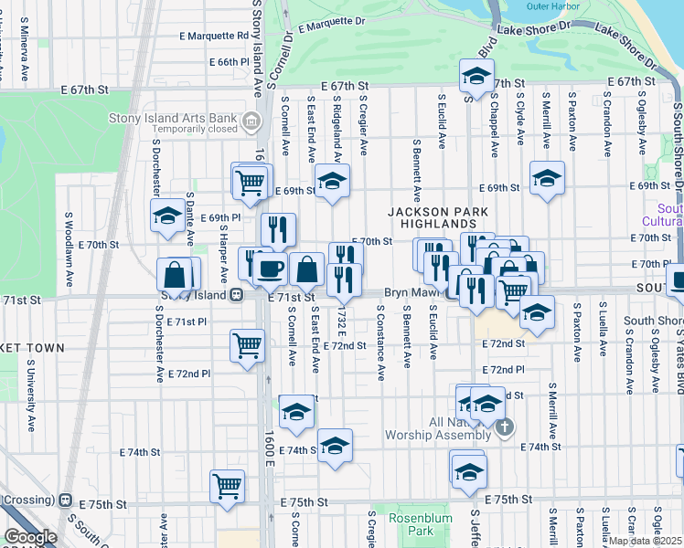 map of restaurants, bars, coffee shops, grocery stores, and more near 7012 South Cregier Avenue in Chicago