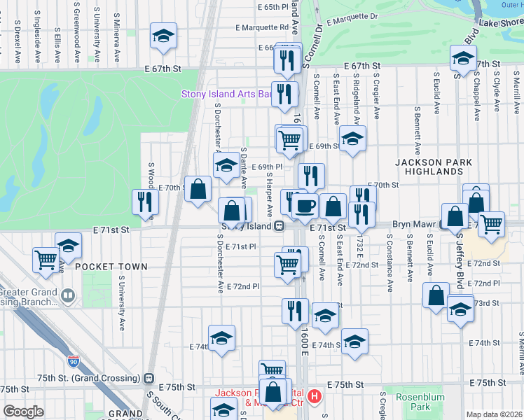 map of restaurants, bars, coffee shops, grocery stores, and more near 7006 South Harper Avenue in Chicago