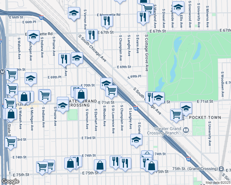 map of restaurants, bars, coffee shops, grocery stores, and more near 7000 South Rhodes Avenue in Chicago
