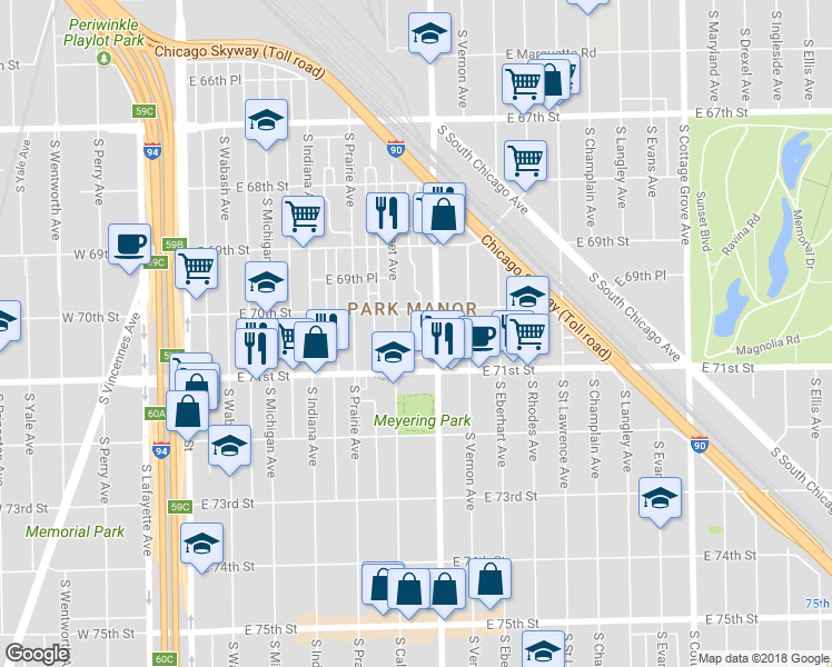 map of restaurants, bars, coffee shops, grocery stores, and more near 6959 South Calumet Avenue in Chicago
