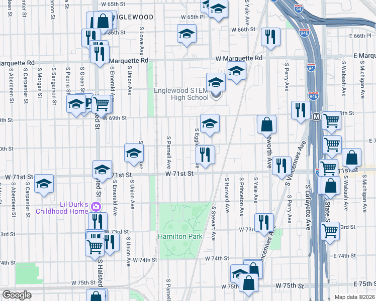 map of restaurants, bars, coffee shops, grocery stores, and more near 6948 South Normal Boulevard in Chicago