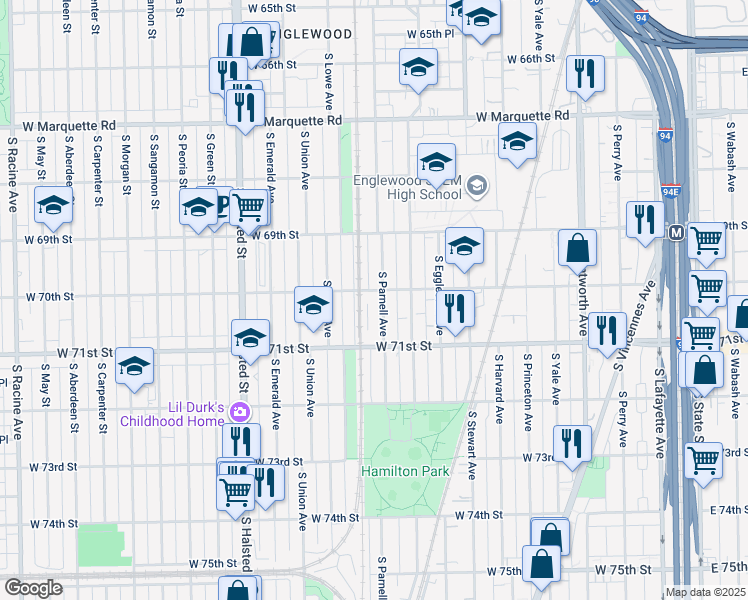 map of restaurants, bars, coffee shops, grocery stores, and more near 544 West 70th Street in Chicago