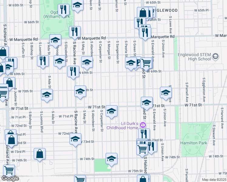 map of restaurants, bars, coffee shops, grocery stores, and more near 6940 South Morgan Street in Chicago