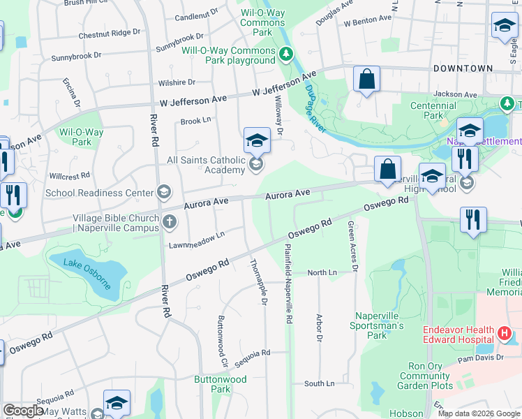 map of restaurants, bars, coffee shops, grocery stores, and more near 7S601 Wild Cherry Road in Naperville