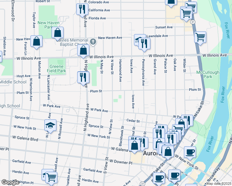 map of restaurants, bars, coffee shops, grocery stores, and more near 510 Hammond Avenue in Aurora