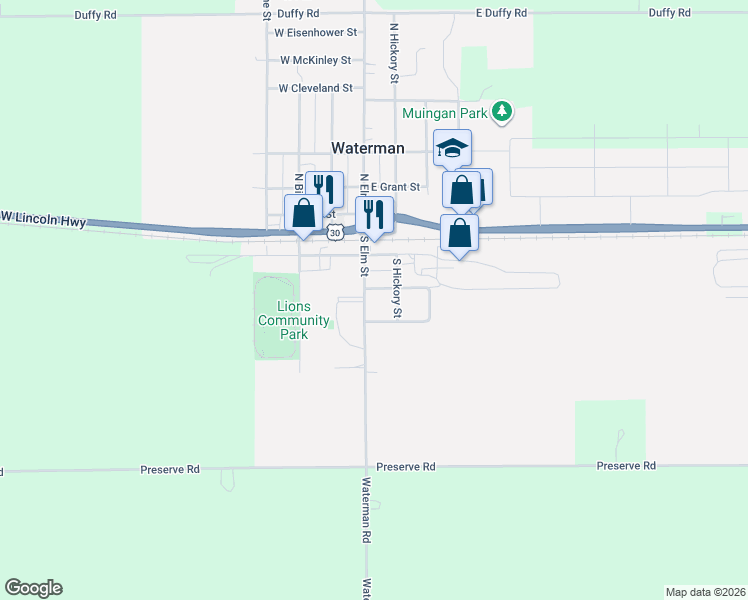 map of restaurants, bars, coffee shops, grocery stores, and more near 225 South Hickory Street in Waterman