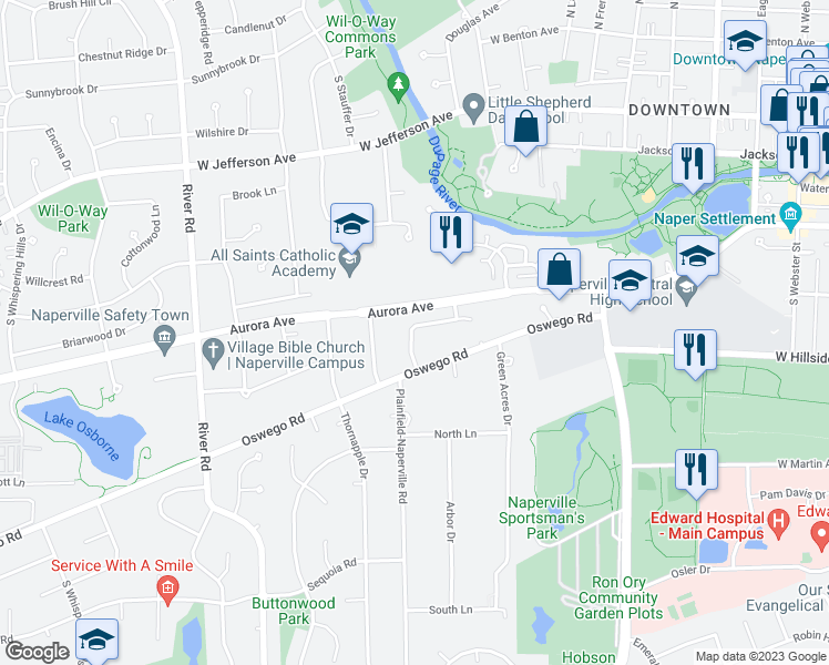 map of restaurants, bars, coffee shops, grocery stores, and more near 1045 Devonshire Avenue in Naperville