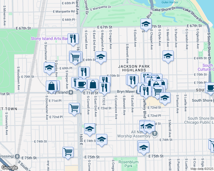map of restaurants, bars, coffee shops, grocery stores, and more near 7012 South Cregier Avenue in Chicago