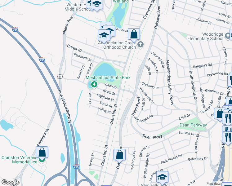 map of restaurants, bars, coffee shops, grocery stores, and more near 2217 Cranston Street in Cranston