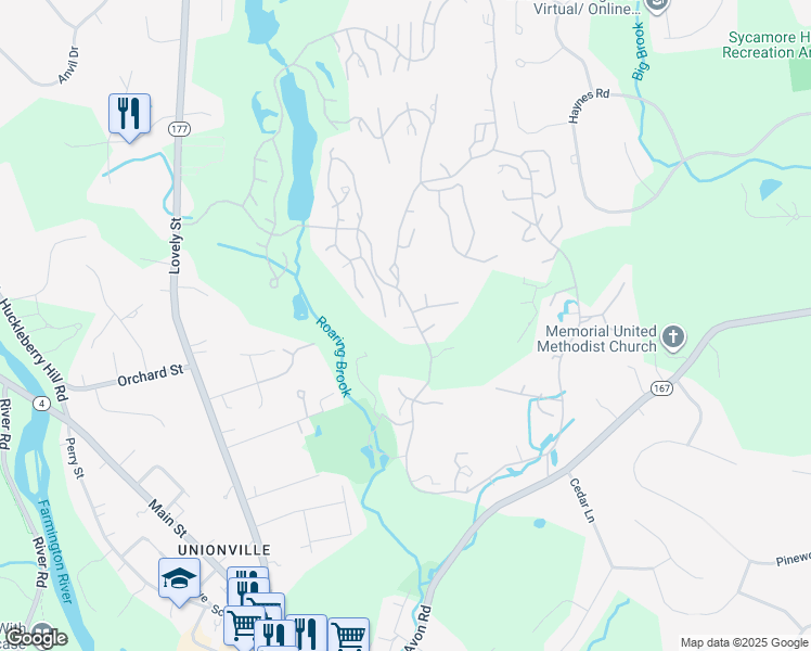 map of restaurants, bars, coffee shops, grocery stores, and more near 142 Mallard Drive in Avon