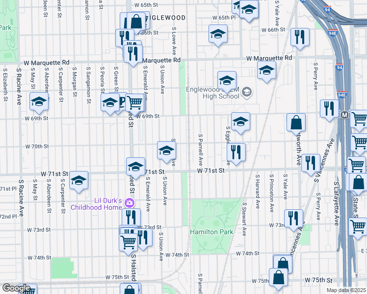 map of restaurants, bars, coffee shops, grocery stores, and more near 6949 South Lowe Avenue in Chicago