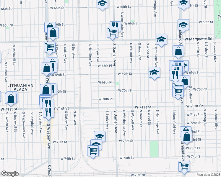 map of restaurants, bars, coffee shops, grocery stores, and more near 2031 West 69th Place in Chicago