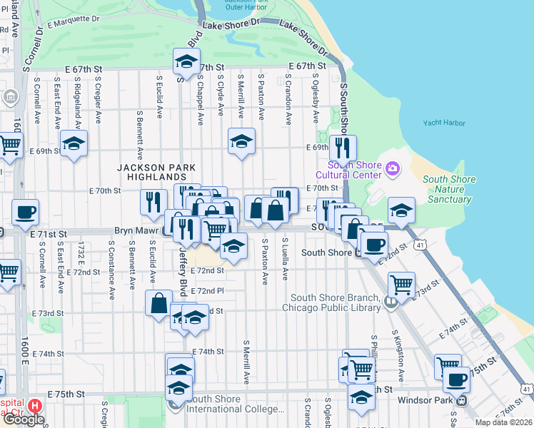 map of restaurants, bars, coffee shops, grocery stores, and more near 2205 East 70th Place in Chicago