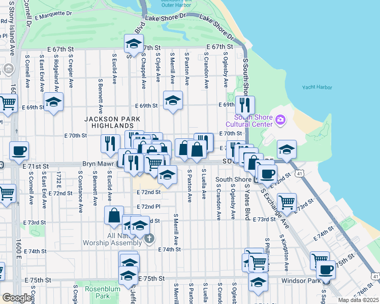 map of restaurants, bars, coffee shops, grocery stores, and more near 2203 East 70th Place in Chicago