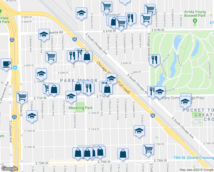 map of restaurants, bars, coffee shops, grocery stores, and more near 7020 South Rhodes Avenue in Chicago