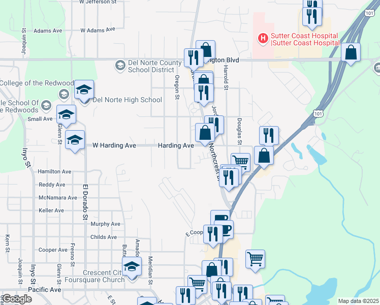 map of restaurants, bars, coffee shops, grocery stores, and more near 12 Harding Avenue in Crescent City