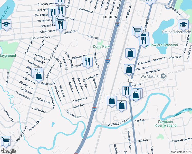 map of restaurants, bars, coffee shops, grocery stores, and more near 45 Bedford Road in Cranston