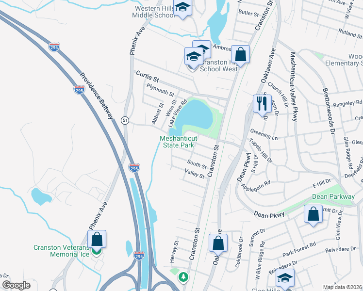 map of restaurants, bars, coffee shops, grocery stores, and more near 59 North Street in Cranston