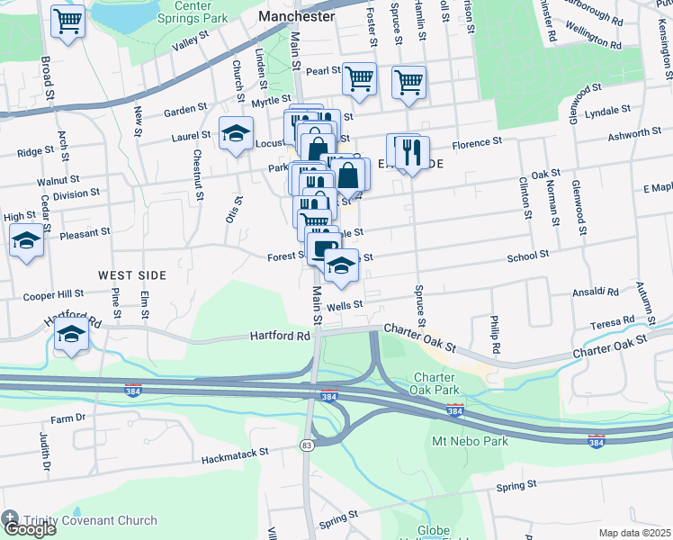 map of restaurants, bars, coffee shops, grocery stores, and more near 29 Eldridge Street in Manchester