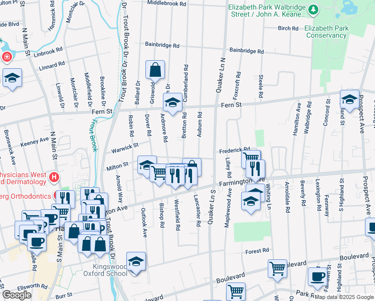 map of restaurants, bars, coffee shops, grocery stores, and more near 27 Bretton Road in West Hartford