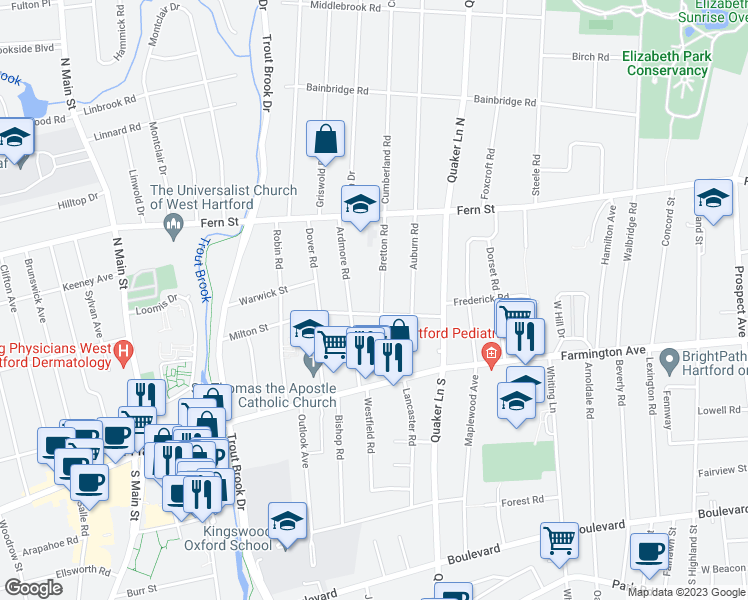 map of restaurants, bars, coffee shops, grocery stores, and more near 27 Bretton Road in West Hartford