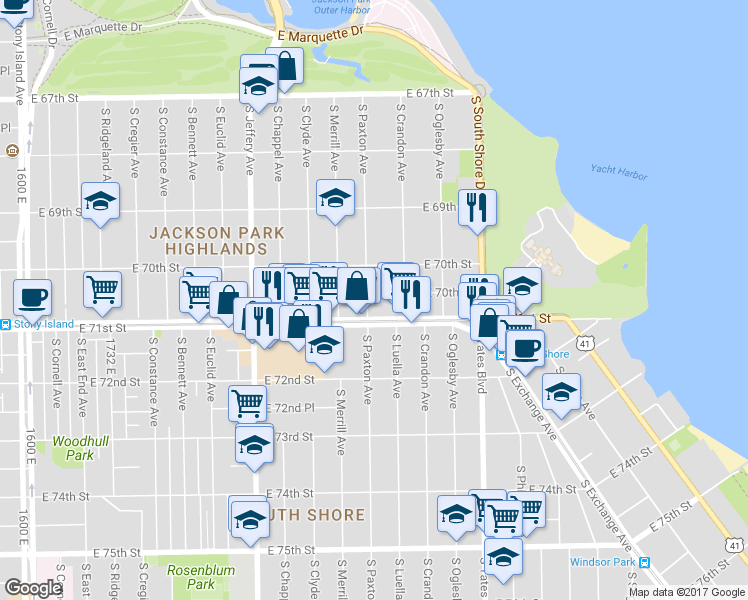 map of restaurants, bars, coffee shops, grocery stores, and more near 7016 South Paxton Avenue in Chicago