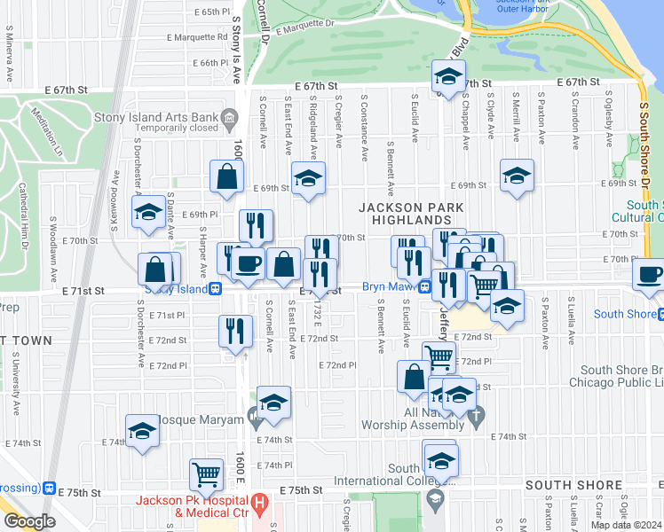 map of restaurants, bars, coffee shops, grocery stores, and more near 7012 South Cregier Avenue in Chicago