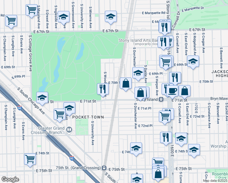map of restaurants, bars, coffee shops, grocery stores, and more near 7005 South Kimbark Avenue in Chicago
