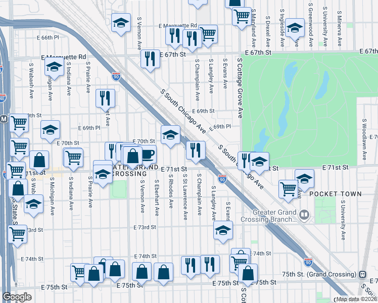 map of restaurants, bars, coffee shops, grocery stores, and more near 7000 South Rhodes Avenue in Chicago