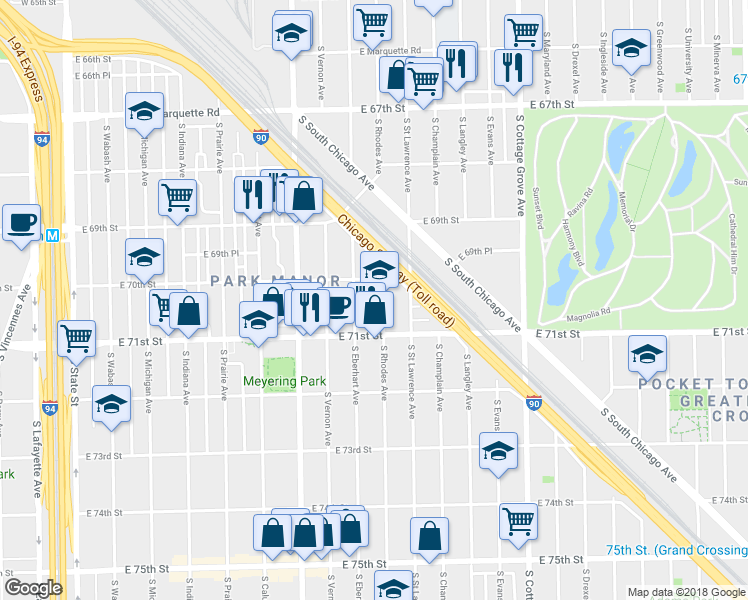 map of restaurants, bars, coffee shops, grocery stores, and more near 7002 South Rhodes Avenue in Chicago
