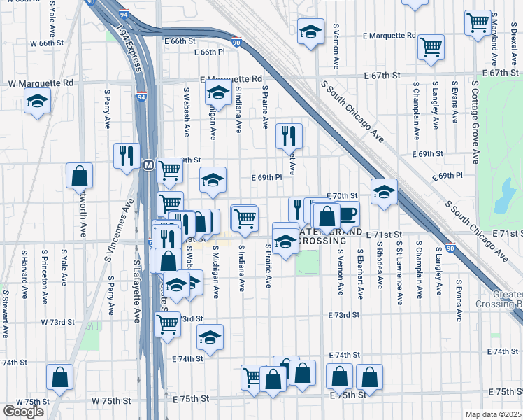 map of restaurants, bars, coffee shops, grocery stores, and more near 214 East 70th Street in Chicago