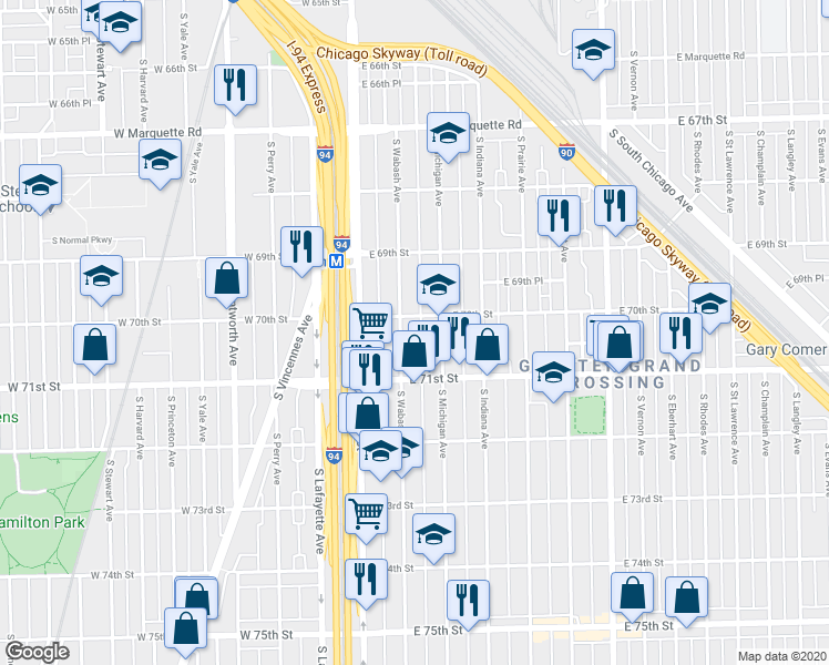 map of restaurants, bars, coffee shops, grocery stores, and more near 7000 South Michigan Avenue in Chicago