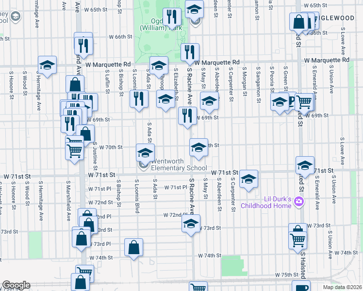 map of restaurants, bars, coffee shops, grocery stores, and more near 6942 South Elizabeth Street in Chicago