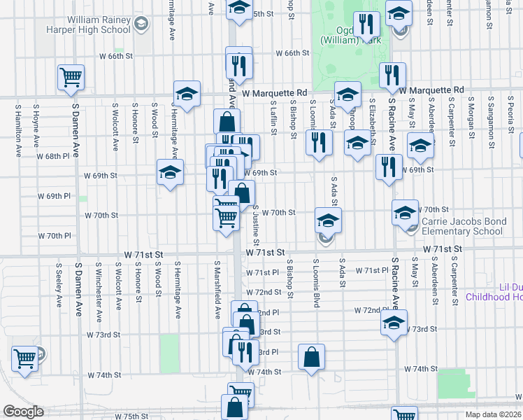 map of restaurants, bars, coffee shops, grocery stores, and more near 6934 South Justine Street in Chicago