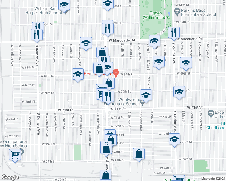 map of restaurants, bars, coffee shops, grocery stores, and more near 6934 South Justine Street in Chicago